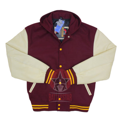 Maroon Wool Cream Leather Sleeves Hooded Varsity Jacket