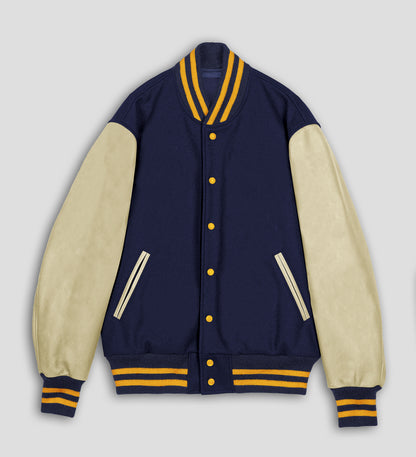 Navy Blue Wool Cream Leather Sleeves Varsity Jacket
