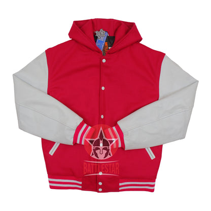 Hot Pink Wool White Leather Hooded Baseball Letterman Varsity Jacket