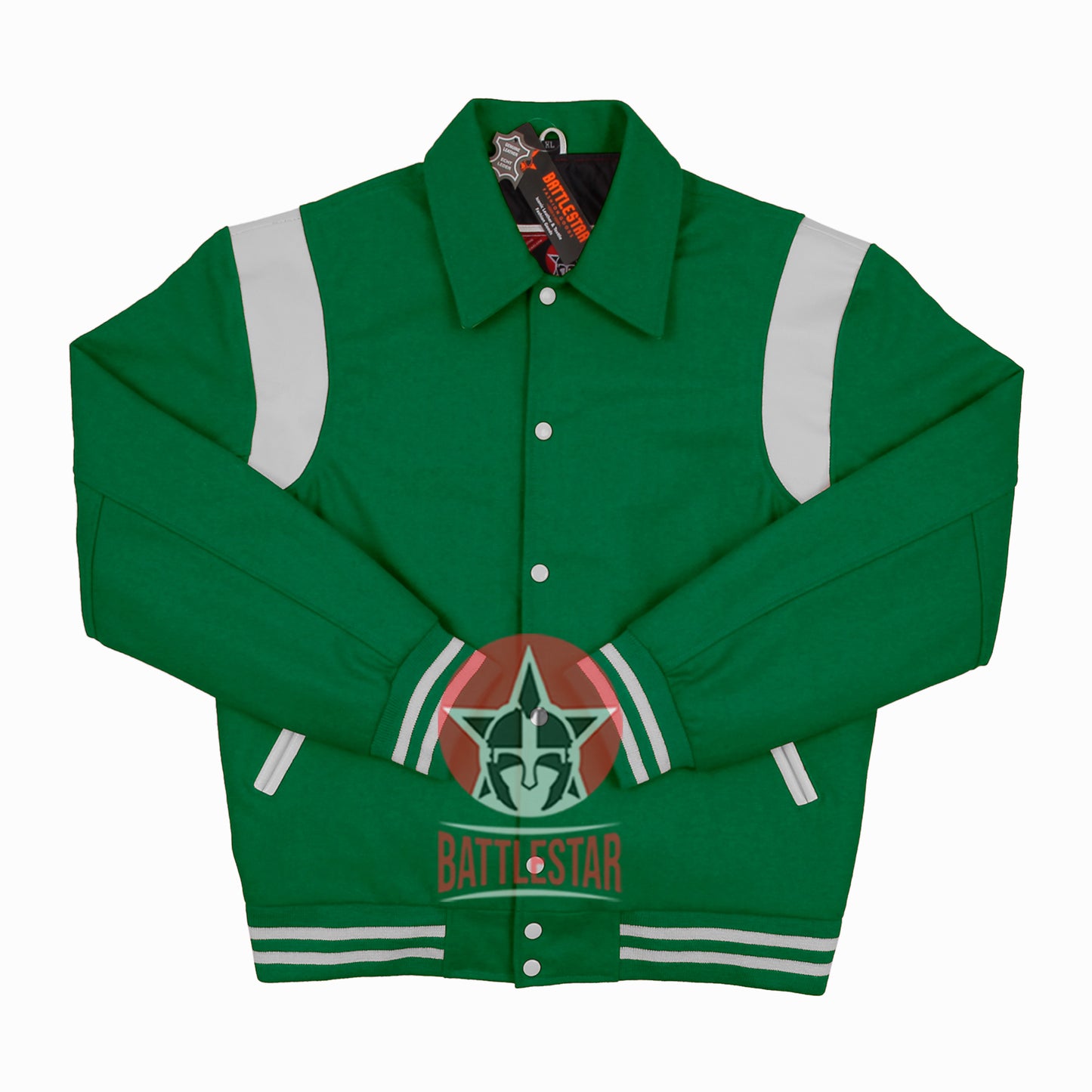 Byron Collar Kelly Green Wool White Leather Stripes Varsity Baseball Jacket