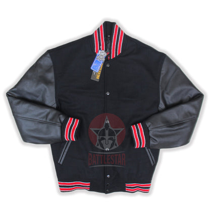 Black Wool Leather Varsity Jacket Black Red Rib With White Feathering
