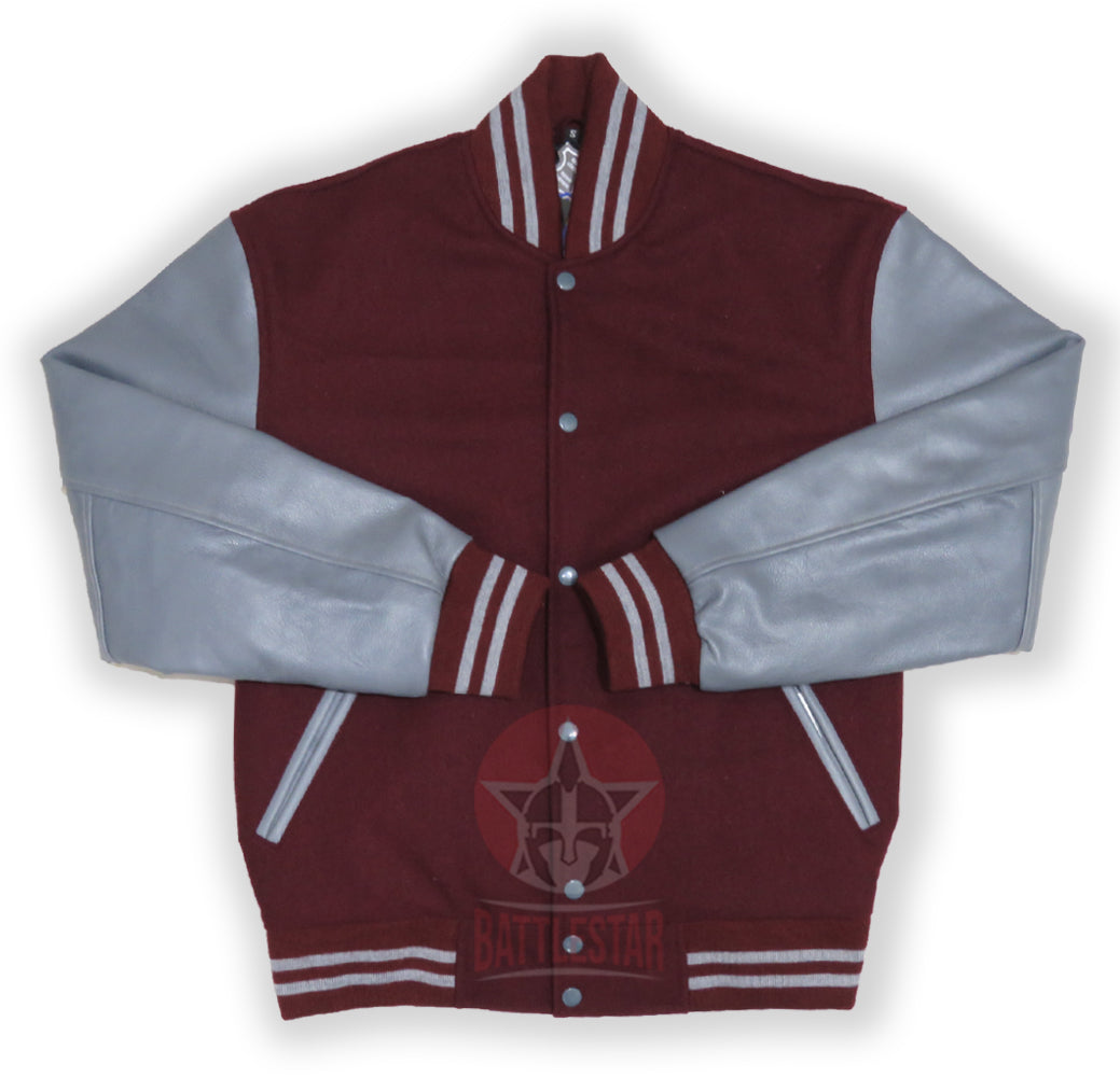 Maroon Wool Varsity Baseball Jacket Grey Leather Sleeves