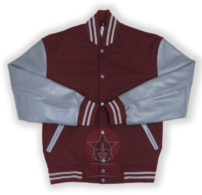 Maroon Wool Varsity Baseball Jacket Grey Leather Sleeves