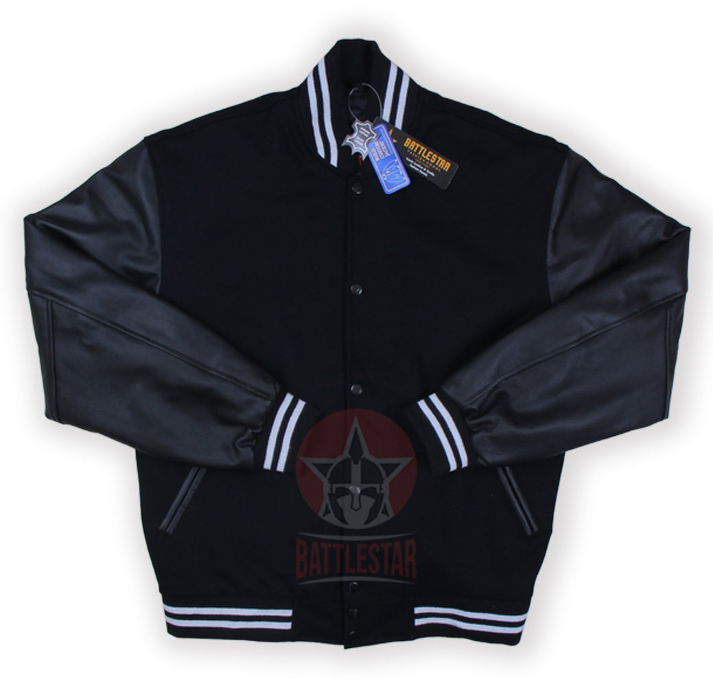 Black varsity baseball jacket with white knit rib