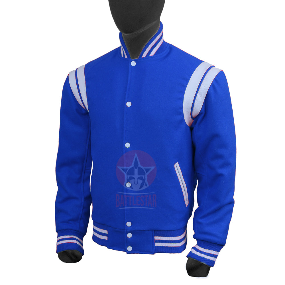 Royal Blue Wool White Leather Stripes Varsity Jacket