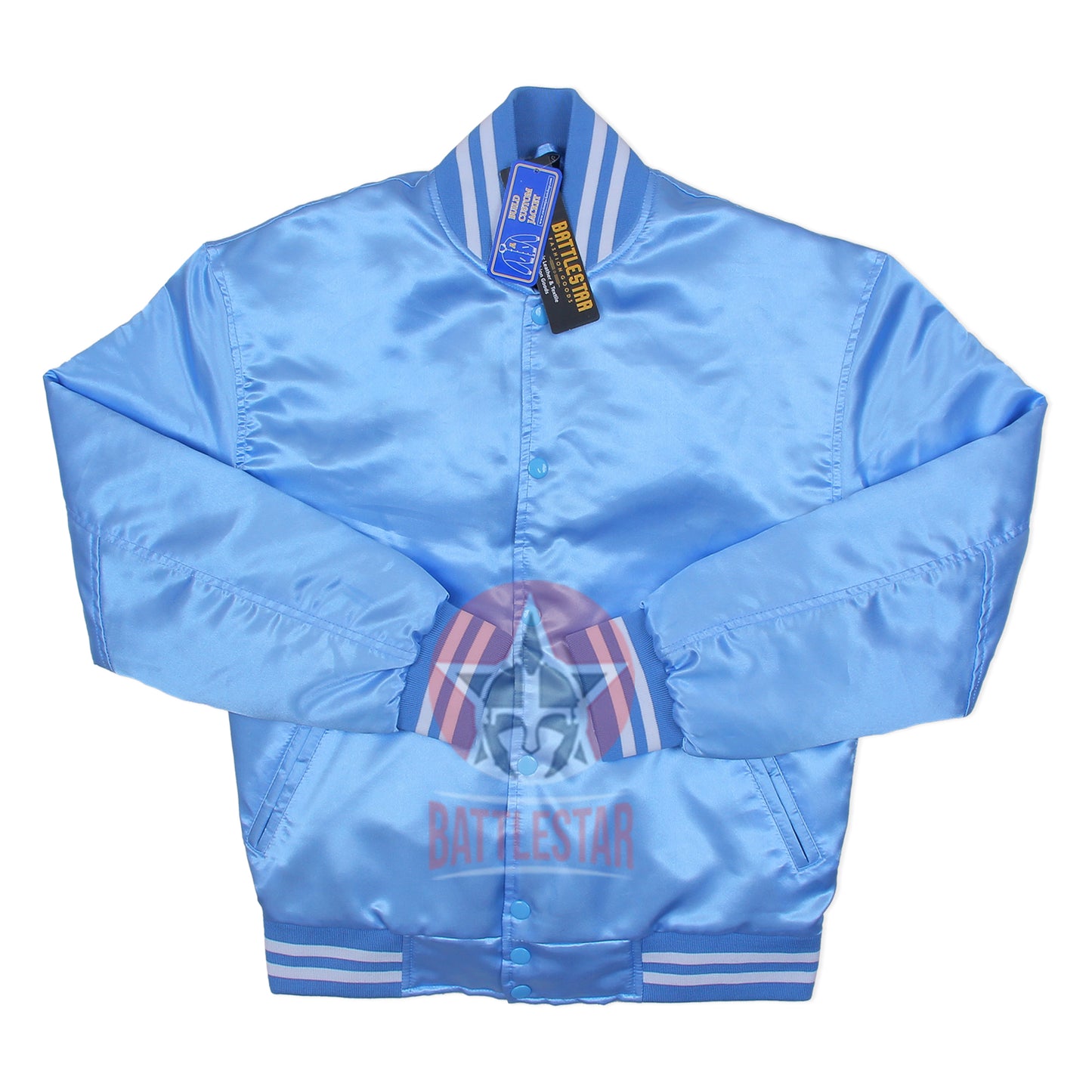 Sky Blue Satin Varsity Baseball Jacket White Rib