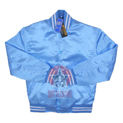 Sky Blue Satin Varsity Baseball Jacket White Rib