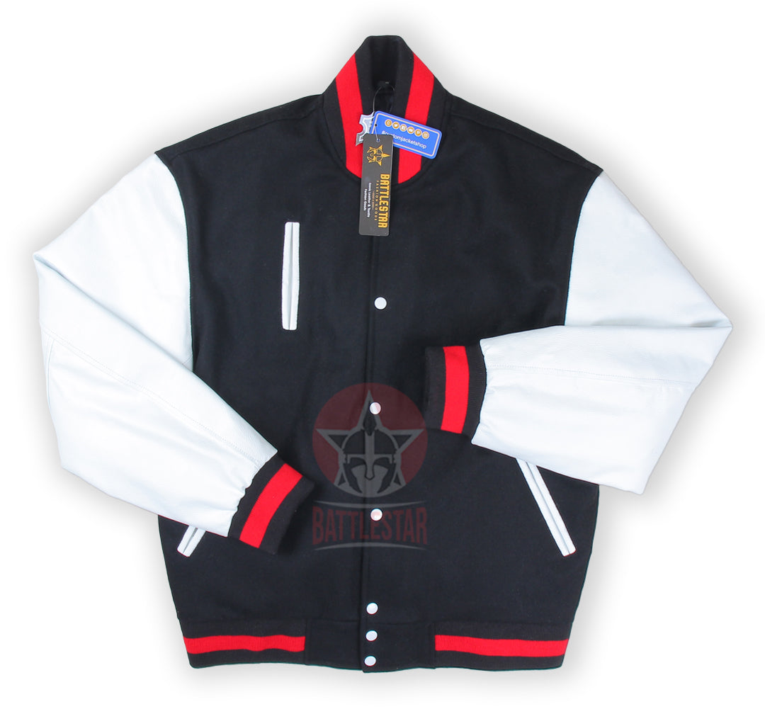 Black Wool White Leather Sleeves Varsity Baseball Jacket