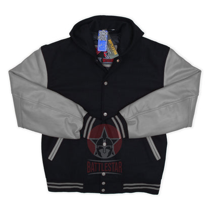 Black Wool Gray Leather Sleeves Hooded Varsity Jacket