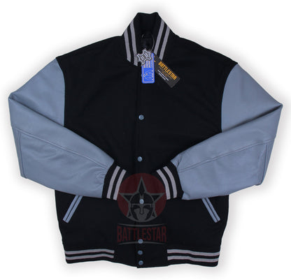 Black wool gray leather varsity baseball jacket