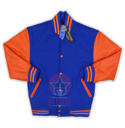 Royal Blue Wool Varsity Jacket Orange Leather Sleeves