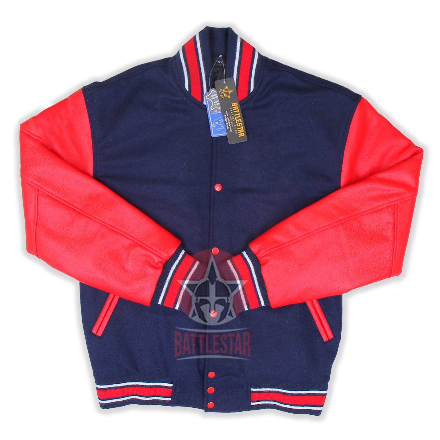 Navy Blue Wool Varsity Jacket Red Leather Sleeves