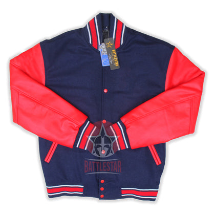 Navy Blue Wool Varsity Jacket Red Leather Sleeves