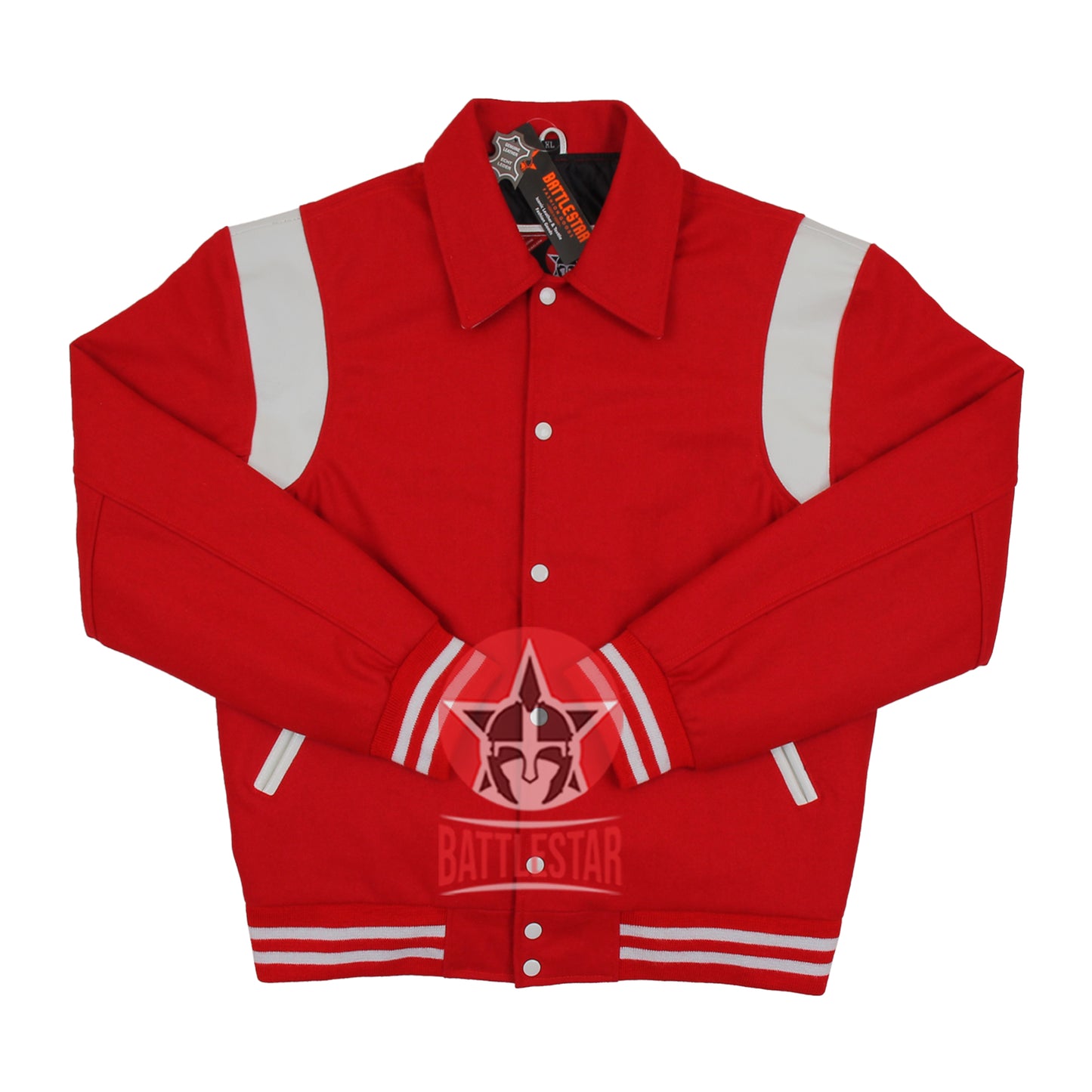 Byron Collar Red Wool White Leather Stripes Varsity Baseball Jacket