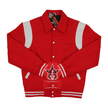 Byron Collar Red Wool White Leather Stripes Varsity Baseball Jacket