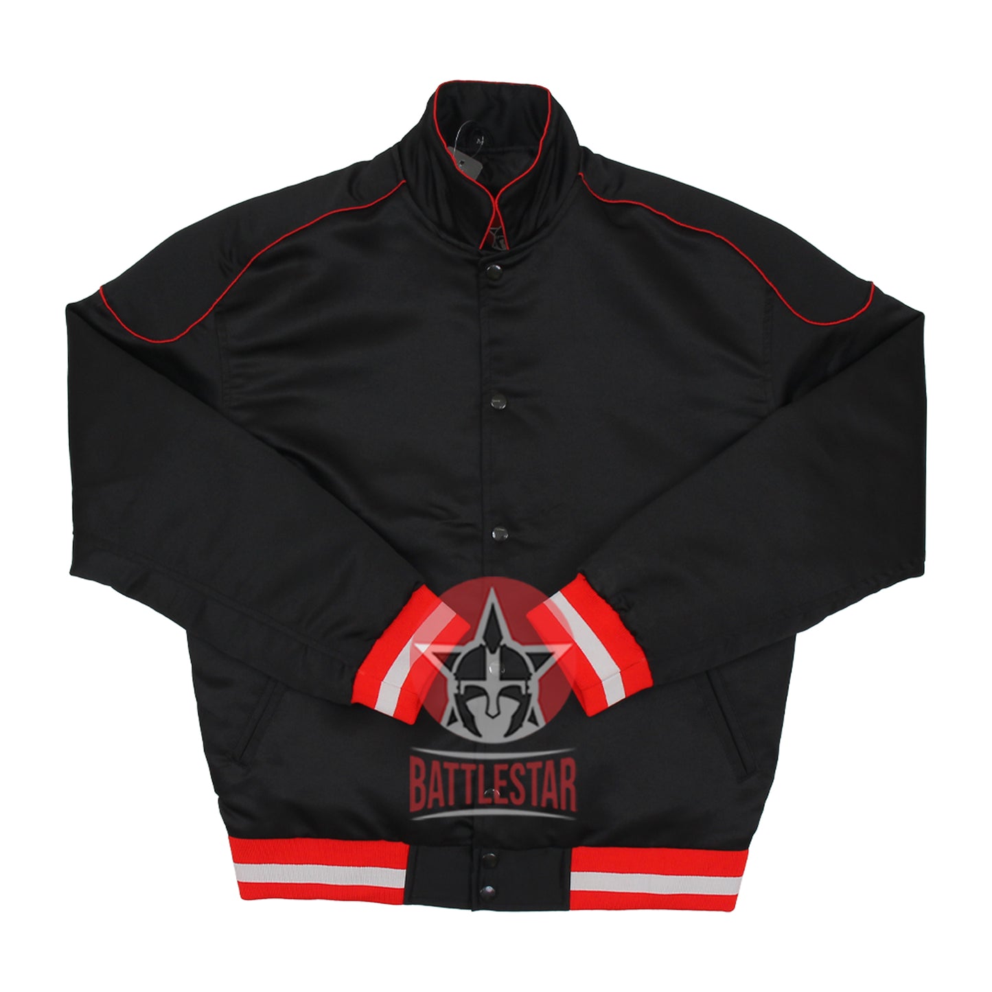 Black Satin Varsity Baseball Jacket Red White Rib