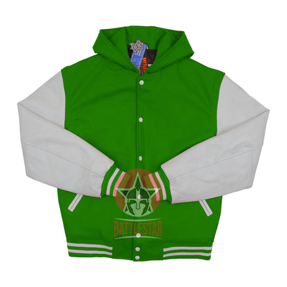 Kelly Green Wool Black White Leather Hooded Baseball Letterman Varsity Jacket