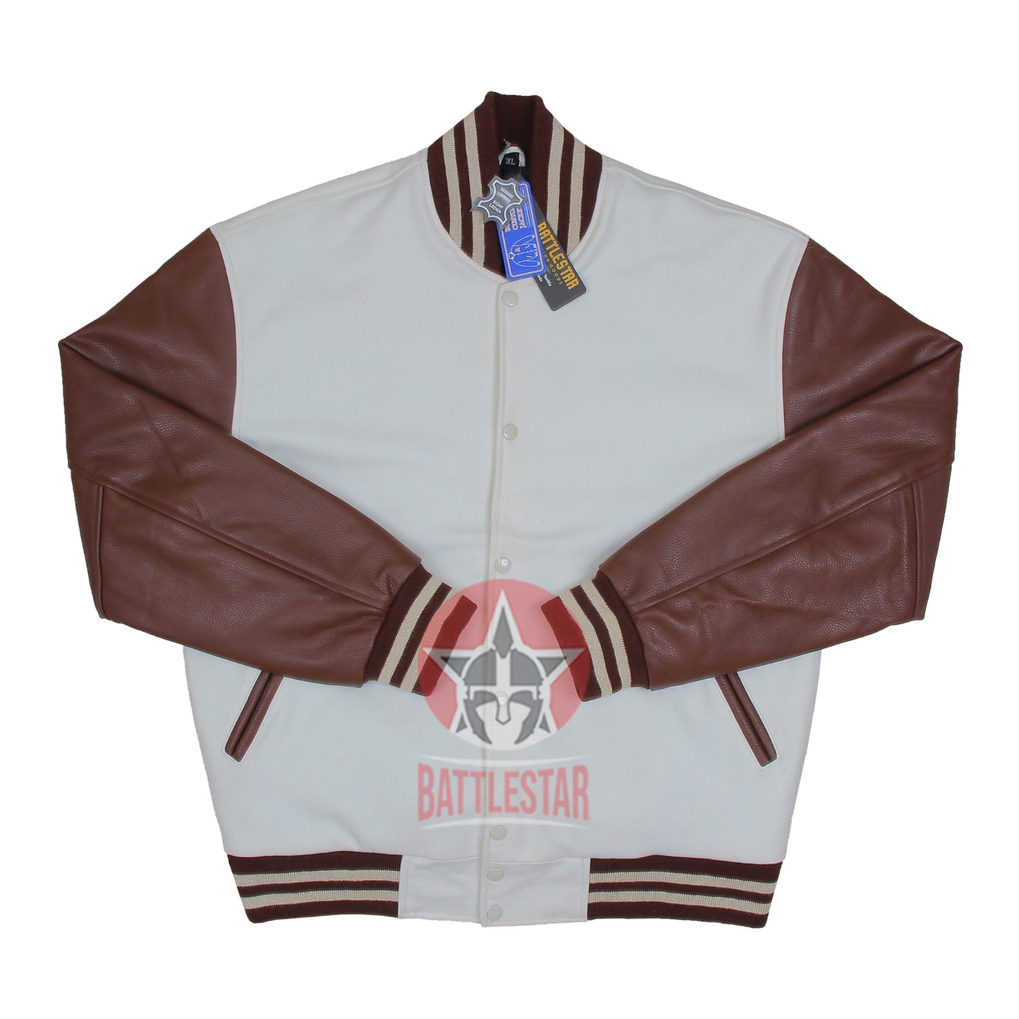 White Wool Brown Leather Sleeves Varsity Baseball Jacket