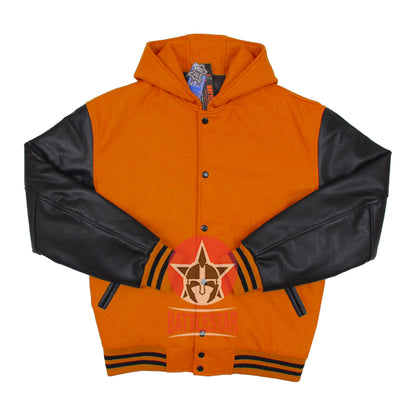 Orange Wool Black Leather Hooded Baseball Letterman Varsity Jacket