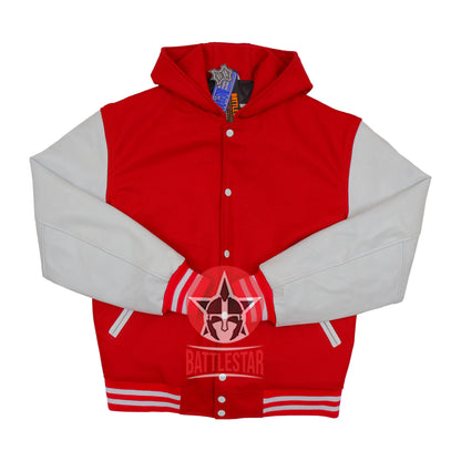 Red Wool White Leather Sleeves Hooded Letterman Varsity Jacket
