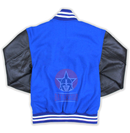 Royal Blue Wool Varsity Jacket Black Leather Sleeves