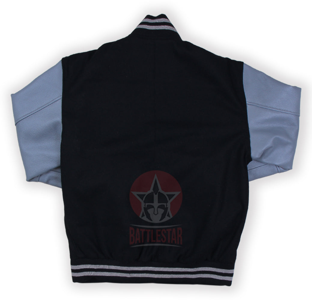 Black wool and gray leather sleeves varsity baseball jacket