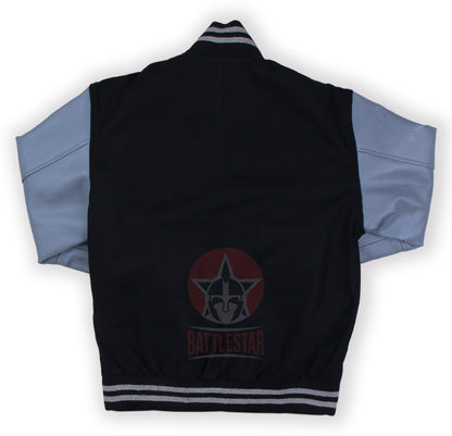 Black wool and gray leather sleeves varsity baseball jacket