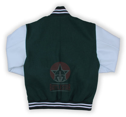 Forest Green Wool White Leather Sleeves  Varsity Jacket