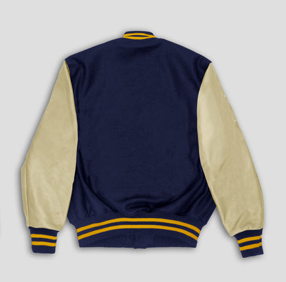 Navy Blue Wool Cream Leather Sleeves Varsity Jacket