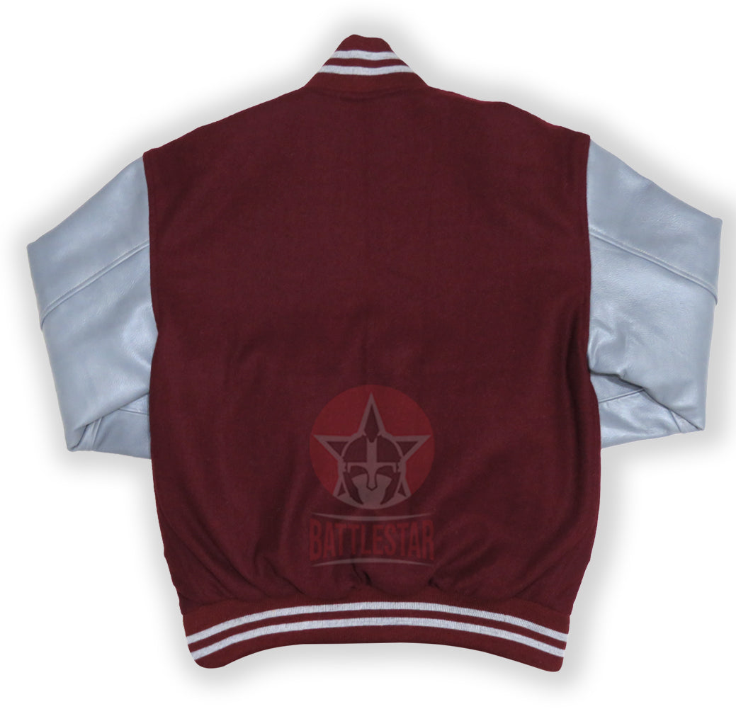 Maroon Wool Varsity Baseball Jacket Grey Leather Sleeves