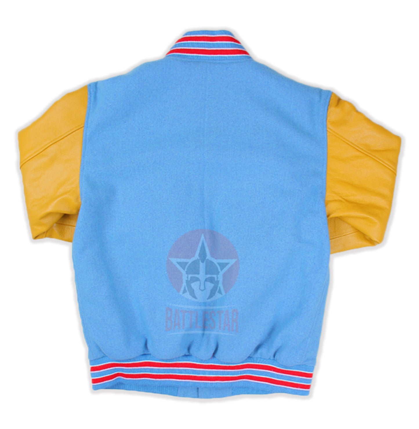 Sky Blue Wool Gold Yellow Leather Sleeves Varsity Jacket