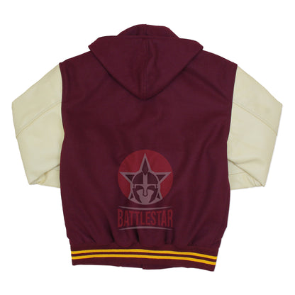 Maroon Wool Cream Leather Sleeves Hooded Varsity Jacket