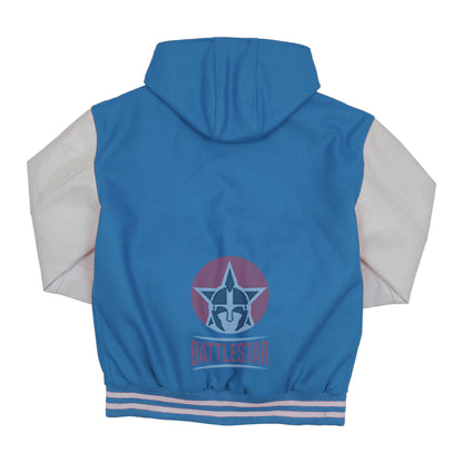 Sky Blue Wool White Leather Hooded Baseball Letterman Varsity Jacket