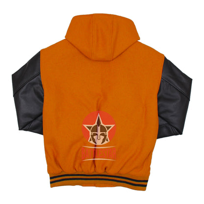 Orange Wool Black Leather Hooded Baseball Letterman Varsity Jacket