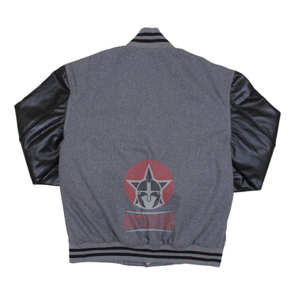 Gray Wool Black Leather Sleeves Varsity Baseball Jacket