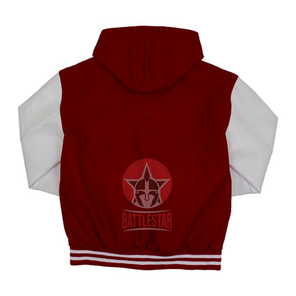 Maroon Wool White Leather Sleeves Hooded Varsity Jacket
