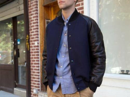 Navy Blue Raglan Sleeves Wool Leather Varsity Jacket - Battlestar Clothing & Gears Co