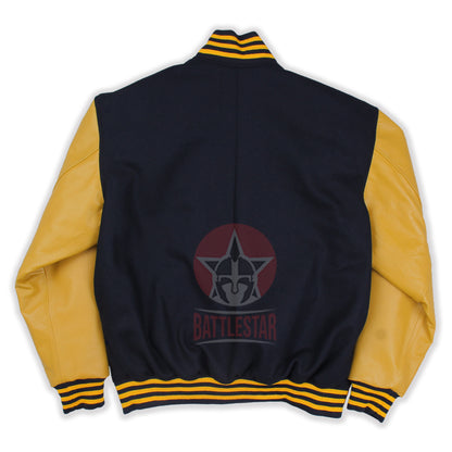 Black Wool Gold Yellow Leather Sleeves Varsity Jacket