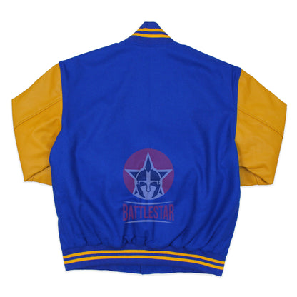 Royal Blue Wool Varsity Jacket Gold Yellow Leather Sleeves