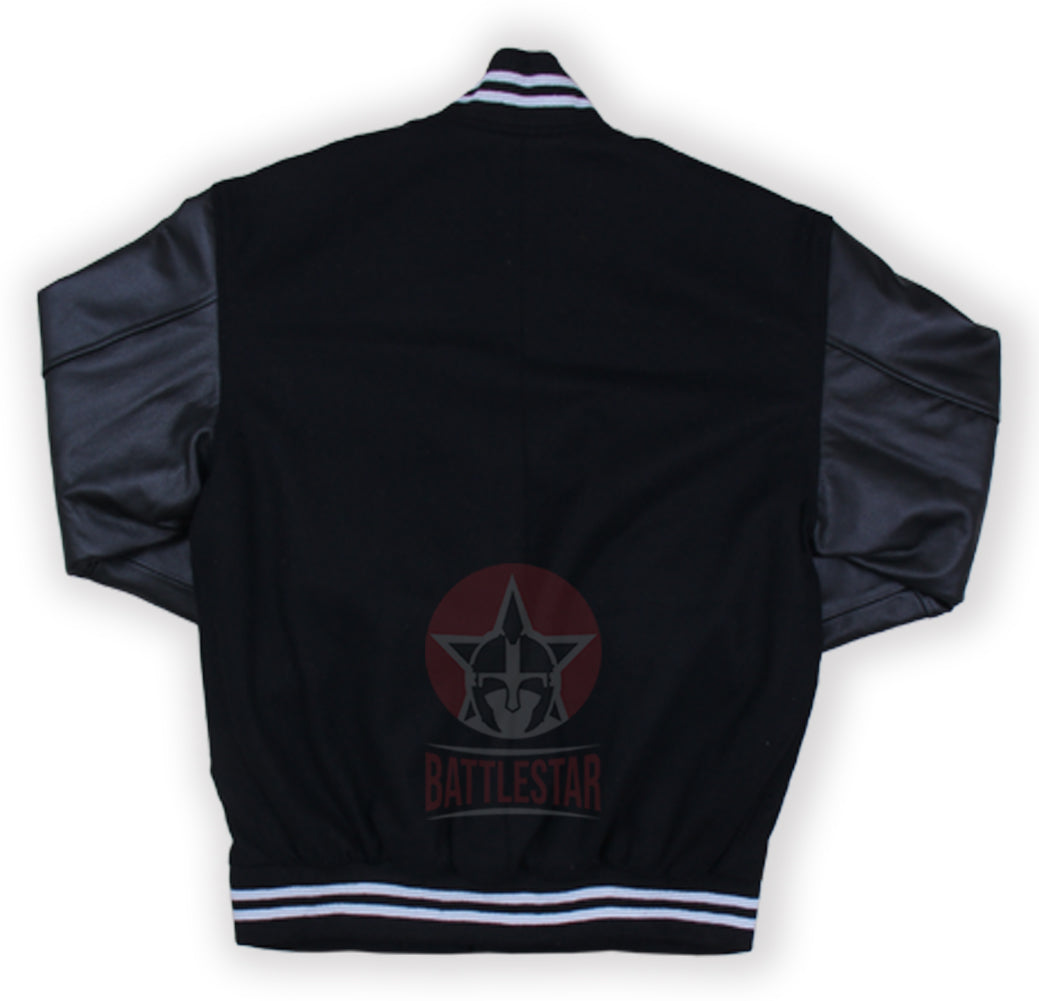 Black varsity baseball jacket with white knit rib