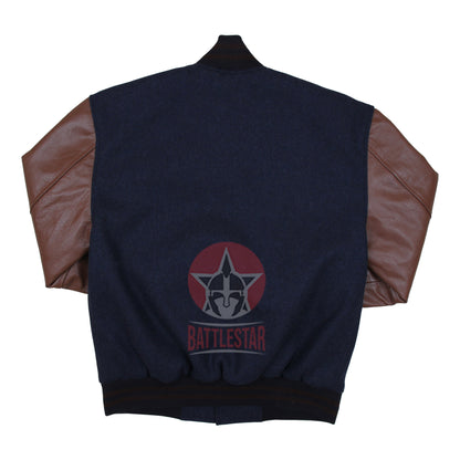 Navy Blue Wool Varsity Jacket Brown Pure Leather Sleeves