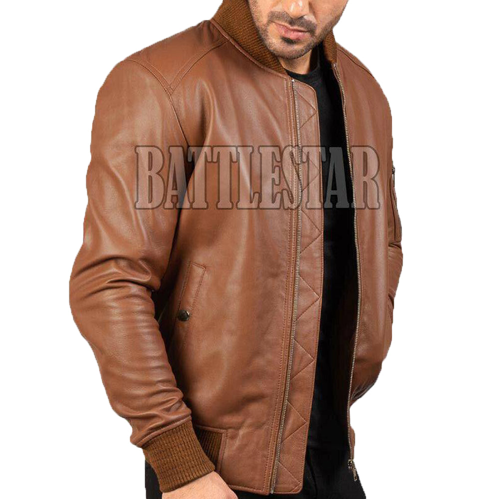 MA-1 Full Leather Classic Varsity Baseball Brown Jacket - Battlestar Clothing & Gears Co
