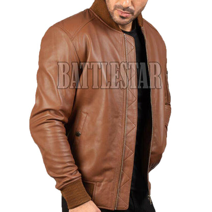 MA-1 Full Leather Classic Varsity Baseball Brown Jacket - Battlestar Clothing & Gears Co