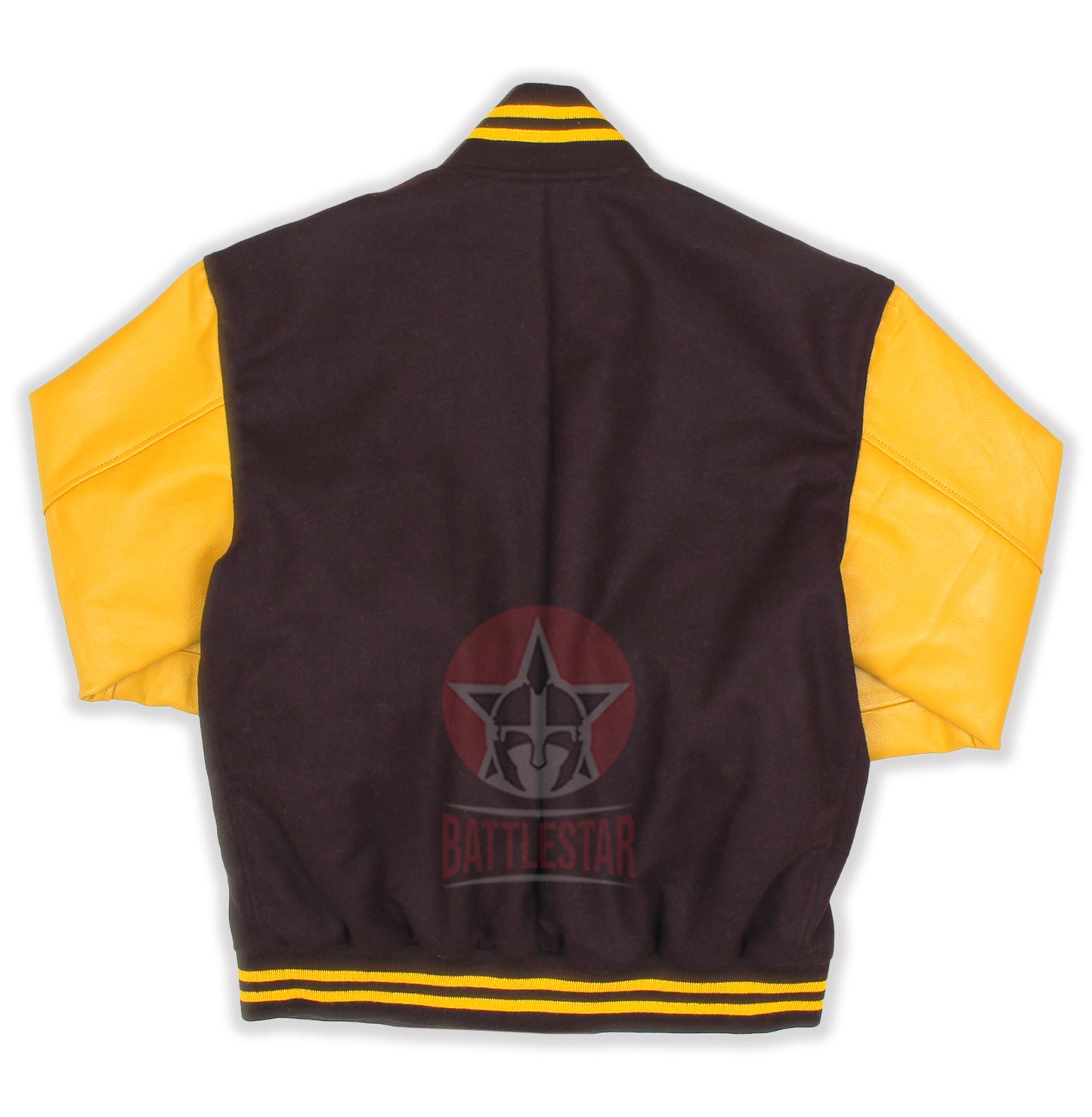 Brown Wool Gold Yellow Leather Sleeves Varsity Jacket
