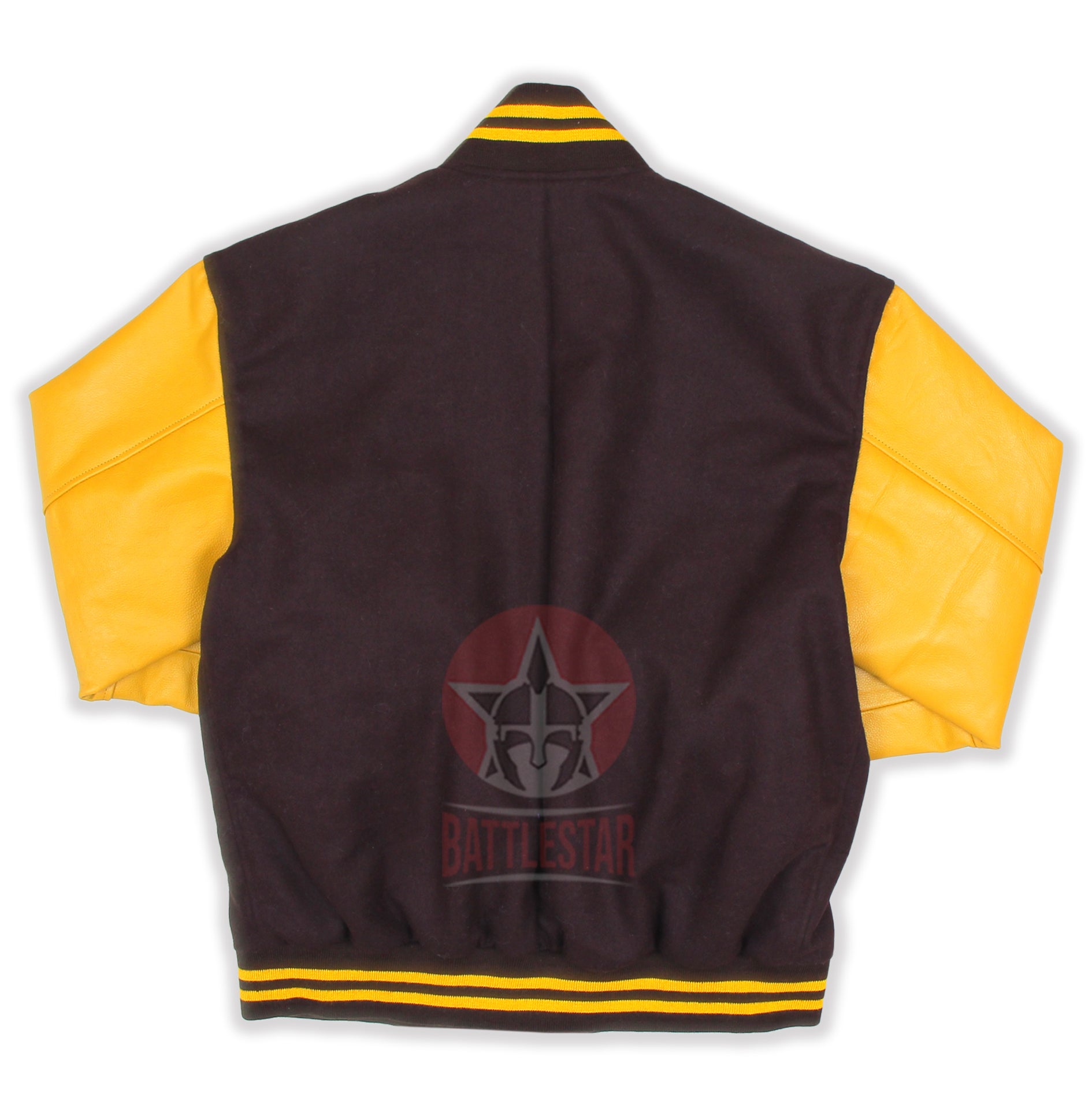 Brown Wool Gold Yellow Leather Sleeves Varsity Jacket