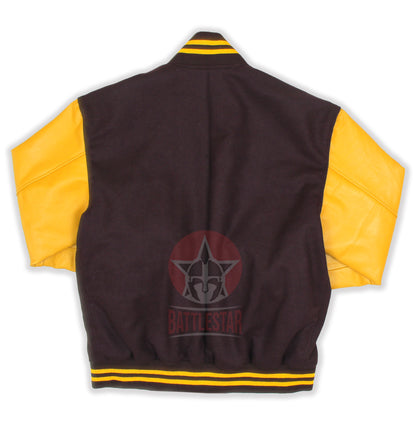 Brown Wool Gold Yellow Leather Sleeves Varsity Jacket