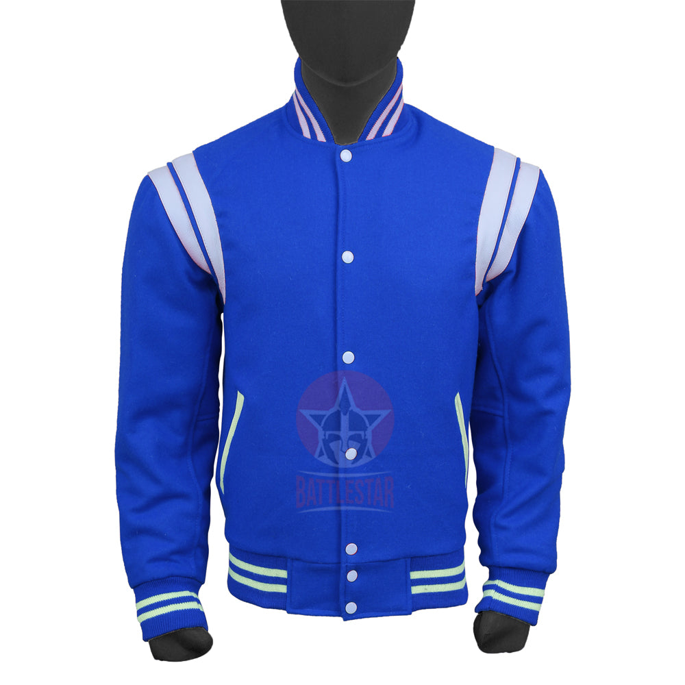 Royal Blue Wool White Leather Stripes Varsity Jacket