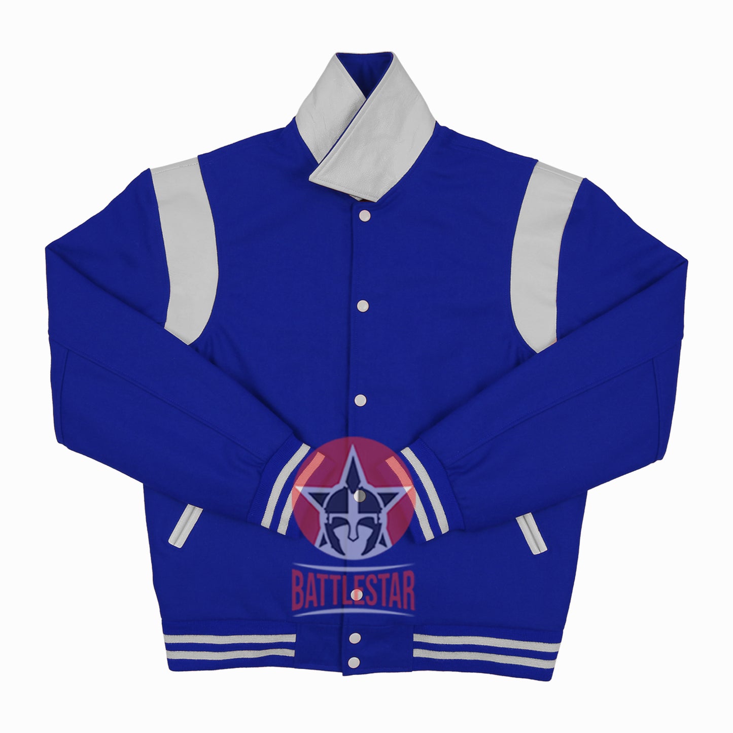 Byron Collar Royal Blue Wool White Leather Stripes Varsity Baseball Jacket