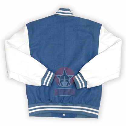 Sky Blue Wool Varsity Jacket white Leather Sleeves
