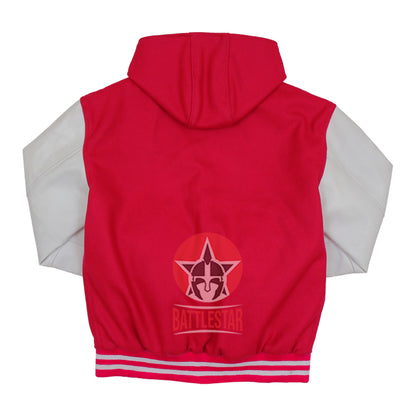 Hot Pink Wool White Leather Hooded Baseball Letterman Varsity Jacket